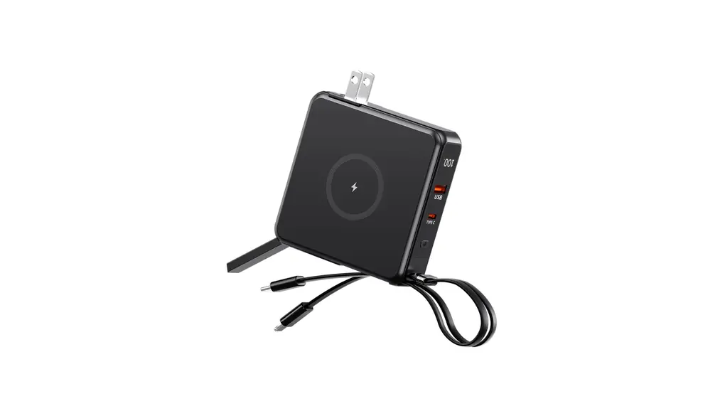 モバイルバッテリー 大容量 ケーブル内蔵 急速充電 10000mAh プラグ付き ワイヤレス充電 PD&QI対応 Type-C出入力ポート Phone&Android スマホ充電器 5台同時充電 コンセント一体型 持ち運び便利 携帯バッテリー 残量表示 ledランプ 旅行/出張/災害/緊急用(炭黑)