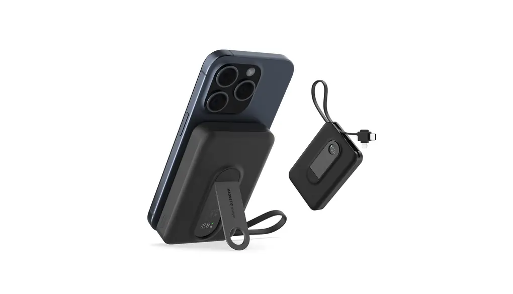 モバイルバッテリー magsafe 10000mah ワイヤレス充電 急速【最大出力15W・ケーブル内蔵・折りたたみスタンド・残量表示】 マグネット式充電器 コンパクト iphone 16/15/14/13/12シリーズ (黒)