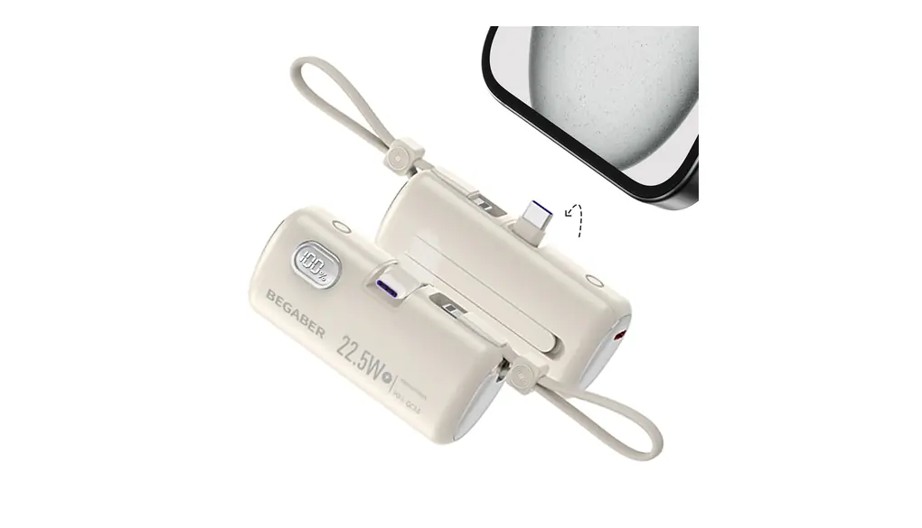 BEGABERモバイルバッテリー 軽量 小型 iPhone 15/16 6000mAh大容量 PD&3A急速充電 タイプC端子一体型 コードレス 直差し スマホ充電器 折りたたみ式タイプC端子 iPhone 14ケーブル内蔵 LCD残量表示 持ち運び充電器 機内持ち込み PSE認証済 iPhone/iPed/Android各種対応 P101(ベージュ)