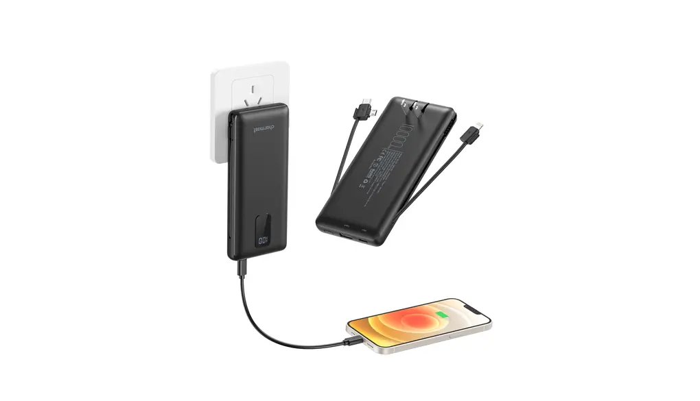 【折畳みプラグ&2本ケーブル内蔵】Charmast モバイルバッテリー 10000mAh 大容量 3A急速充電 LED残量表示 4台同時充電 AC コンセント一体型 入出力兼用Type-Cポート スマホ充電器 携帯充電器 軽量 薄型 小型 iphone/Android対応 PSE認証済み(ブラック)