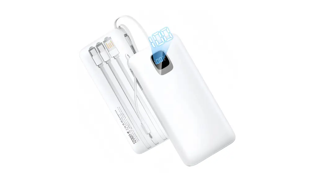 モバイルバッテリー 12000mAh 4ケーブル内蔵 3つ入力 パワーバンク スマホ充電器 LCD残電量表示 持ち運び便利 PSE認証済 iPhone/iPad/Android各種適用(ホワイト)