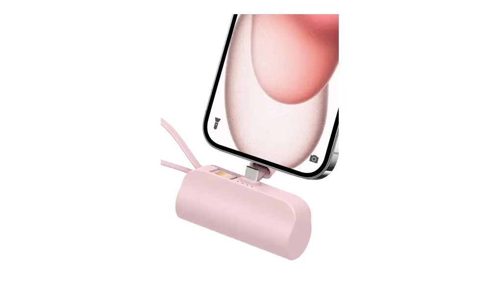 JVGoalモバイルバッテリー 軽量コンパクト 5000mAh 急速充電 スタンド機能付き iPhone16/15 & Android対応 内蔵USBケーブル PSE認証済み (ピンク)