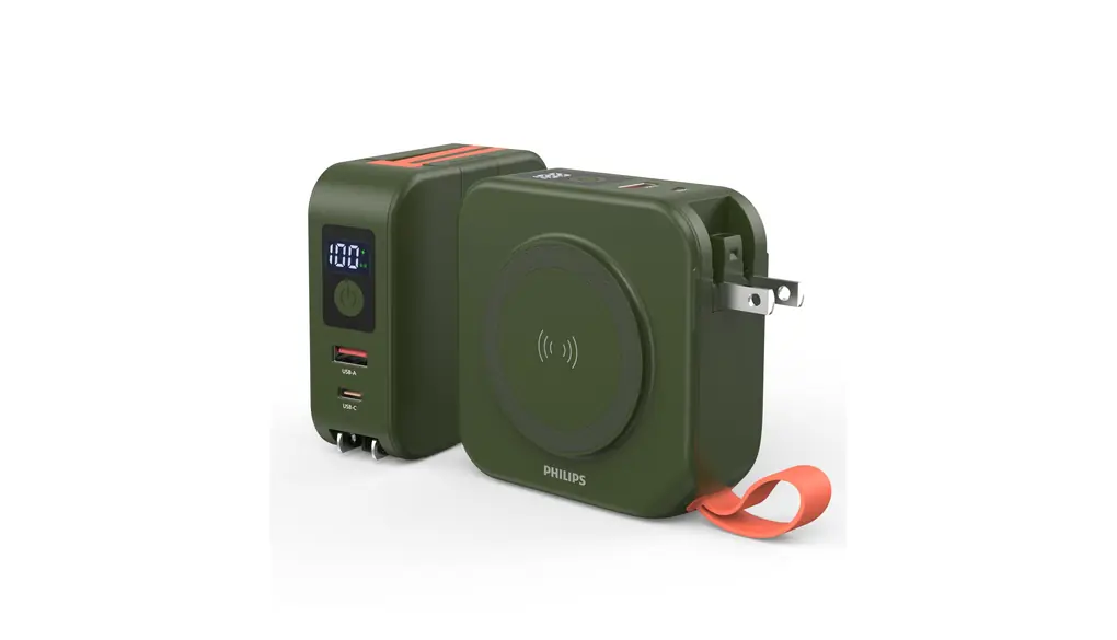Philips(フィリップス) 10000mAh MagSafe マグネット式 モバイルバッテリー コンセント一体型 大容量 ACプラグ付 5台同時充電 MAX 22.5W出力 USB-A＆入出力USB-C PD/パススルー機能/ディスプレイ搭載】Lightning/Type-Cケーブル内蔵 旅行用電源変換プラグ PSE認証済 グリーン DLP4347CG