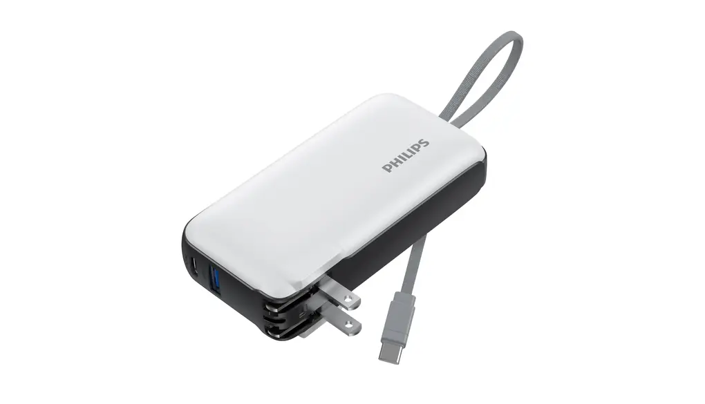 Philips(フィリップス) モバイルバッテリー コンセント一体型 10000mAh ACプラグ付き 大容量 携帯充電器 PD 20W出力 3台同時充電 折りたたみ式/Type-Cケーブル内蔵/パススルー機能/ディスプレイ搭載/アダプター変換可能 PSE認証済 ホワイト DLP4350CW