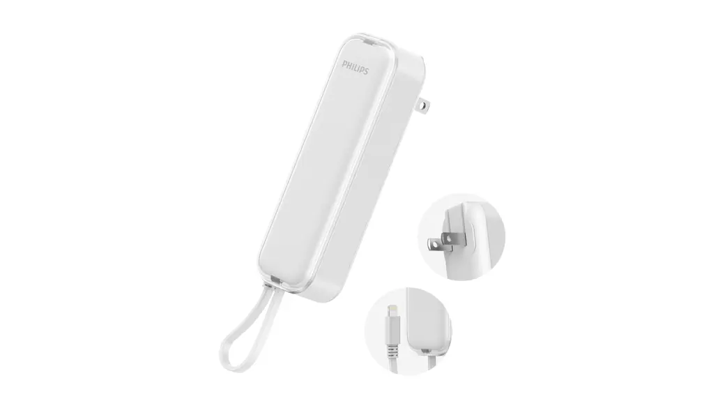 Philips (フィリップス) 小型 モバイルバッテリー コンセント一体型 5000mAh 大容量 Lightningケーブル内蔵 軽量 二台同時充電 ACプラグ付 低電流充電対応 モバイル充電器 パススルー機能 PSE認証済 ホワイト DLP5201VW