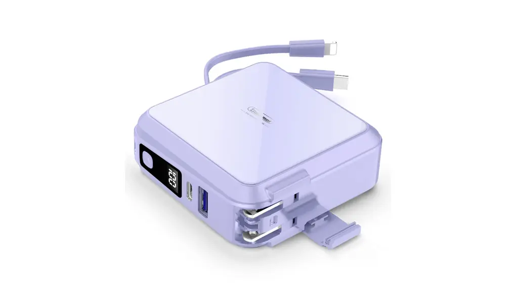 Pnvruy モバイルバッテリー 15000mAh コンセント一体型 大容量 急速充電【PD18W type-c&PD20WのiPhone対応ケーブル/折畳式プラグ/PD18WType-C入力ポート/22.5WのUSB-A】スマホ充電器 3台同時充電 プラグ付き 小型 LCD残量表示 PSE済み 持ち運び便利 iPhone15/14/iPad/Galaxy/Type-C各機種対応 (紫)