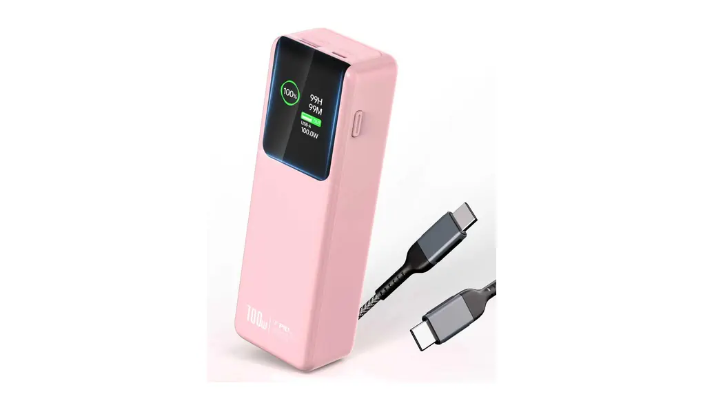Raydyn モバイルバッテリー (122.5W・27000mAh）単ポート100Ｗ高出力 PD対応 ローカレントモード 大容量 機内持ち込み可 2台同時充電 パススルー対応 LCD電量残量表示 MacBook PD対応 Windows PC iPad Pro iPhone16/15 Galaxy Android スマートフォン ノートPC 各種 縦置型コンパクト ケーブル付き (ピンク)