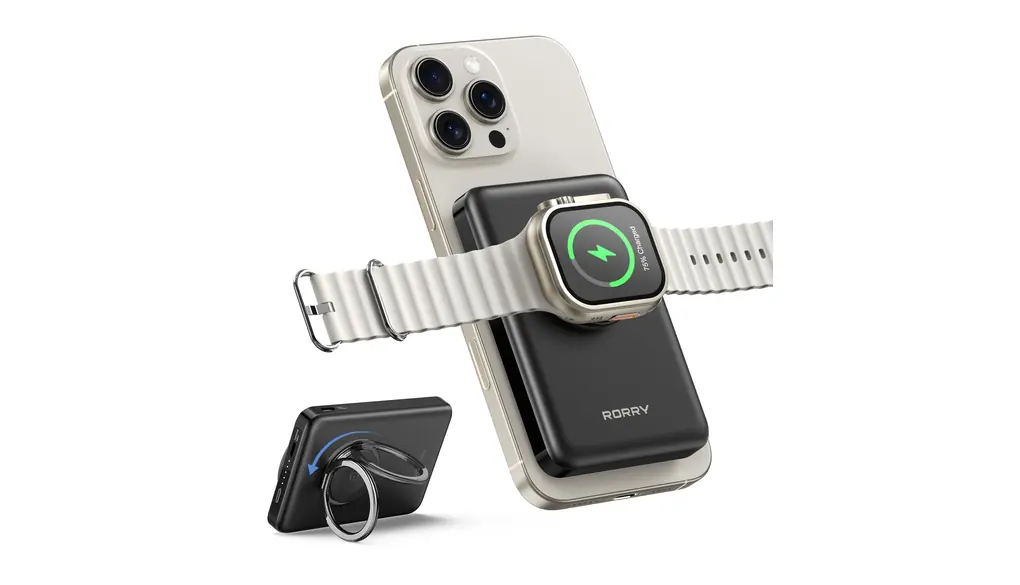 【最強 3in1ワイヤレス充電】 RORRY モバイルバッテリー magsafe対応 小型 軽量 (10000mAh 15W 1.8cm薄型) アップルウォッチ 充電器 マグセーフ マグネット式 (スマホリング付き/スタンド・回転可能) For Apple Watch 3.5W急速/タイプC PD22.5W/iPhone12~16/AirPods対応 コンパクト 防災 ギフト