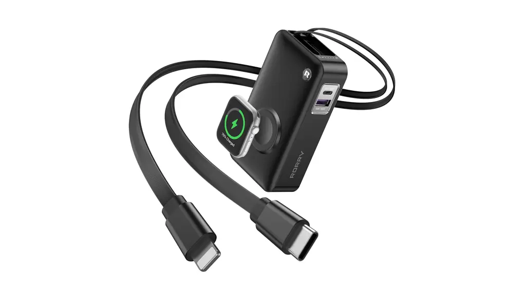RORRY モバイルバッテリー 10000mAh【2025年最新・PD30W急速充電・巻き取り式Lightning/USB-Cケーブル内蔵】65cmの入出力用UBS-Cケーブル一体型 5台同時充 電 アップルウォッチ充電 パススルー機能 携帯充電器 コンパクト 機内持ち込み可 Apple Watch/iPhone 17/Android/iPad/Switch対応 旅行/出張/アウトドア向け