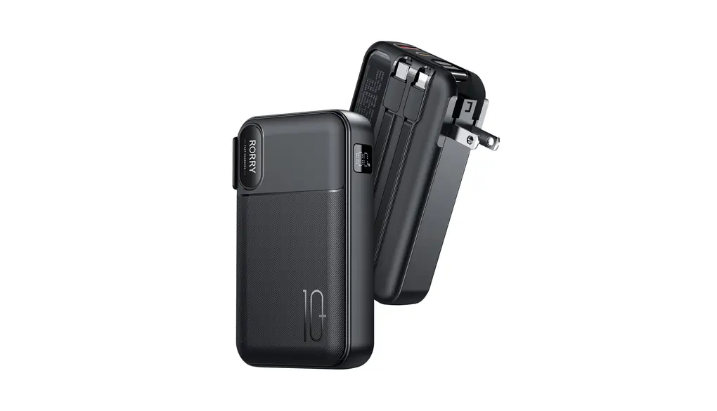 RORRY【モバイルバッテリー コンセント一体型 10000mAh PD22.5W】ACプラグ付き 携帯バッテリー 4台同時充電 ディスプレイ搭載 折畳みプラグ 2本ケーブル内蔵（USB-C&iPhone用ケーブル） PSE認証済 ポータブル式 for iPhone/Android/AirPods 旅行/防災/津波/飛行機 ブラック