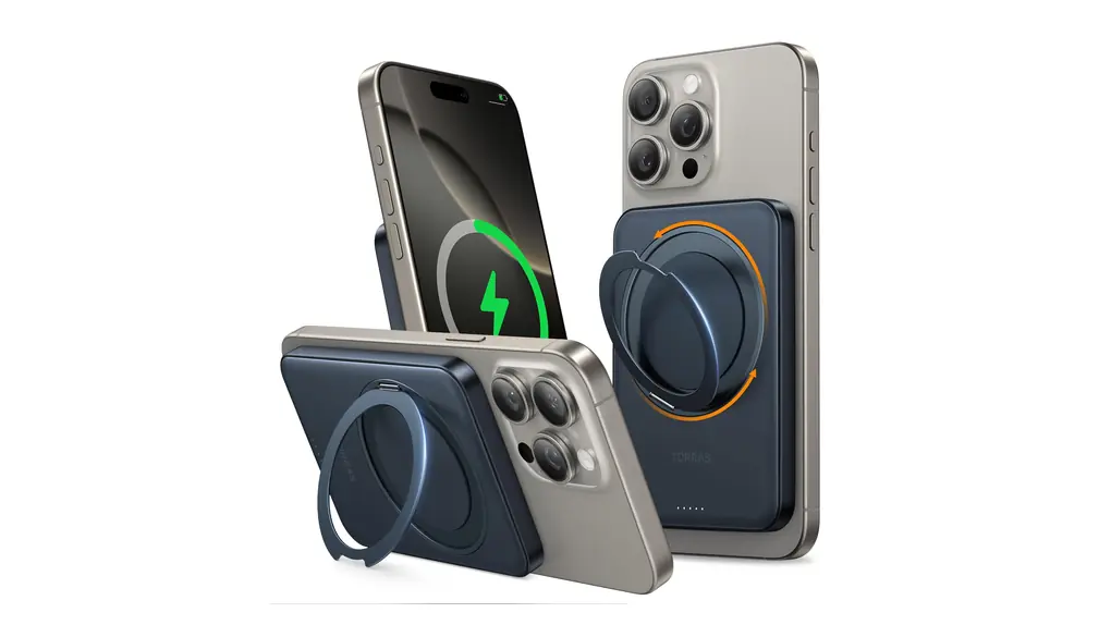 TORRAS モバイル バッテリー【超軽量·360°回転スタンド】 MagSafe対応 軽量 小型 マグセーフ 薄型 ワイヤレス充電器 マグネット式 急速充電 2台同時充電 5000mAh スタンド付き PSE認証済み iPhone 17/16/15/14/13/12シリーズ 旅行/出張/災害用