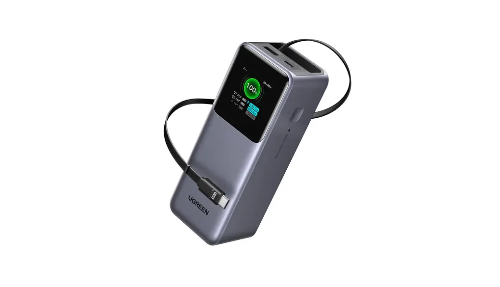 UGREEN Nexode 巻取式USB-Cケーブル内蔵 モバイルバッテリー (20000mAh・165W) ノートPCにも急速充電対応 PD・PPS 5A仕様対応 TFTディスプレイ搭載 パススルー/低電流モード PSE技術基準適合 MacBook PD対応Windows PC iPad iphone17 Galaxy Android スマホ ノートPC対応 PB726