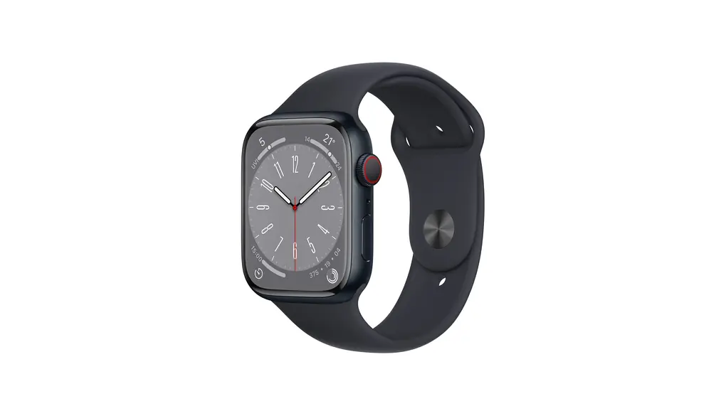 【整備済み品】 Apple Watch Series 8 GPS + Cellularモデル、45mmケース ミッドナイトアルミニウムケースとミッドナイトスポーツバンド レギュラーを組み合わせたスマートウォッチ。フィットネストラッカー、血中酸素ウェルネスアプリと心電図アプリ、常時表示Retinaディスプレイ、耐水性能