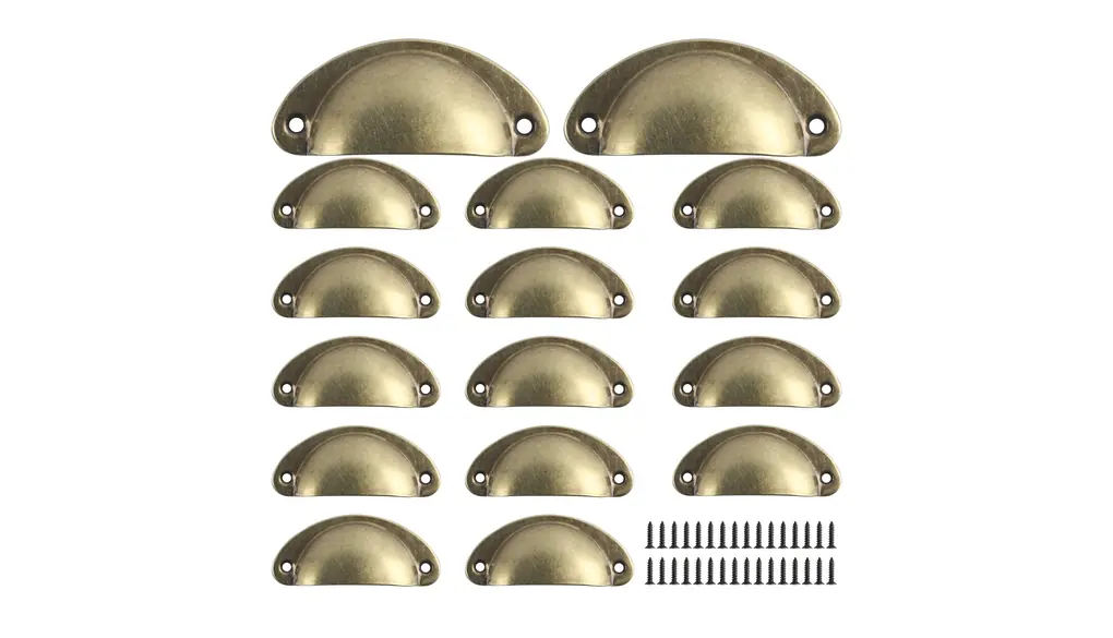 Yibaijia 16 maniglie a conchiglia, maniglie vintage per cassetti, maniglie e pomelli per porte e credenze da cucina, pomelli per mobili e cassettiere, con viti, giallo retrò