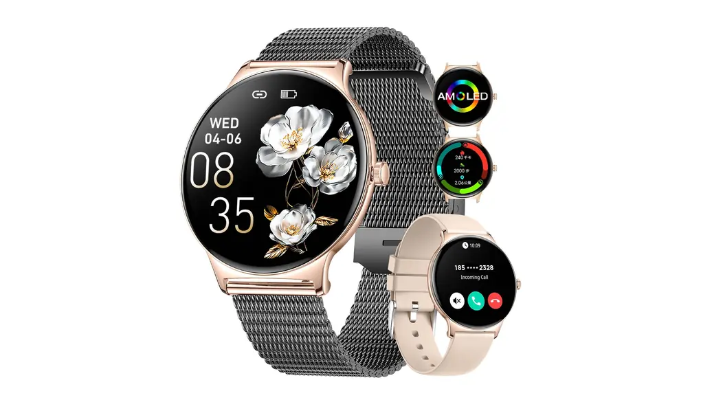 LIGE FV12 スマートウォッチ レディース 超薄型 1.43インチ Amoled 大画面 Smart Watch IP68防塵防水 通話機能付き メッセージ通知 100種類運動 モード 文字盤カスタム 音楽 カメラ制御 明るさ調整 天気予報デジタル スポーツウォッチ 丸型 2種腕時計のバンド アンドロイド対応 iOS対応【正規品】（ブラックゴールド）