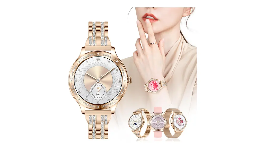 スマートウォッチ 絶妙なダイヤモンドデザイン 女性に向け 母の日 敬老の日 プレゼント Smart watch レディース 1.27インチ 3種バンド付属 スポーツウォッチ Bluetooth5.1通話 LINE/Gmail/着信通知 120+種運動モード IP67防水防塵 振動/輝度調整 アンドロイド対応 iphone対応 ピンク ゴールド