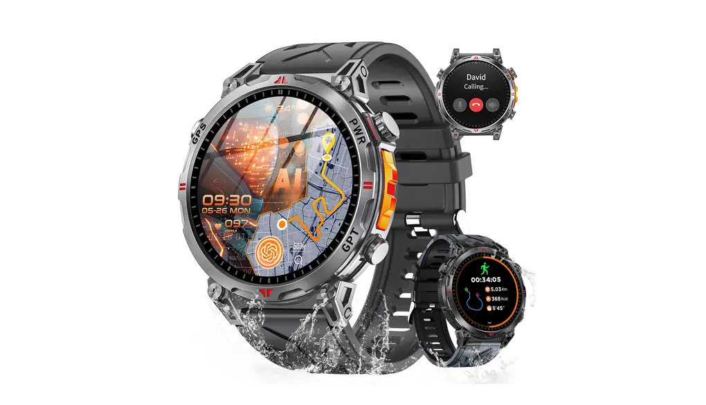 スマートウォッチ 【2025 ChatGPT搭載 内蔵GPS AI文字盤】 1.6 インチAMOLED大画面 軍用規格 耐衝撃 GPS運動模式記録 Bluetooth5.3通話 LINE/メッセージ通知 振動と着信音設定 100＋運動モード スポーツウォッチ 3ATM防水 メンズ腕時計 歩数計 遠隔撮影 音楽制御 天気予報 iPhone/アンドロイド対応 (ブラック＋カモフラージュバンド)
