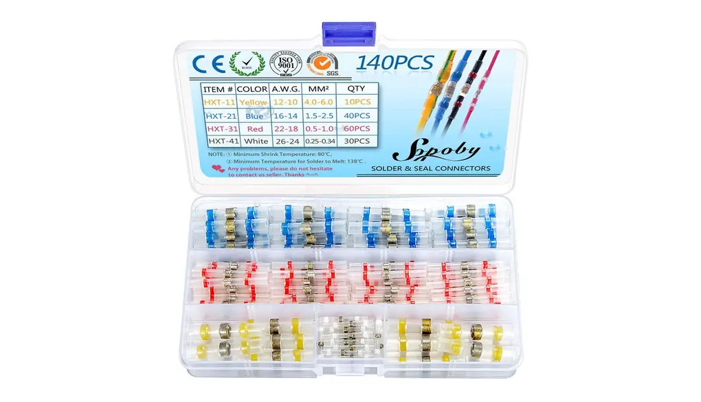 140 conectores de alambre de sellado de soldadura – Conectores de soldadura termorretráctiles Sopoby – Conectores de soldadura eléctrica – Kit de terminales de conector de soldadura impermeable aislado, cableado marino automotriz para el hogar