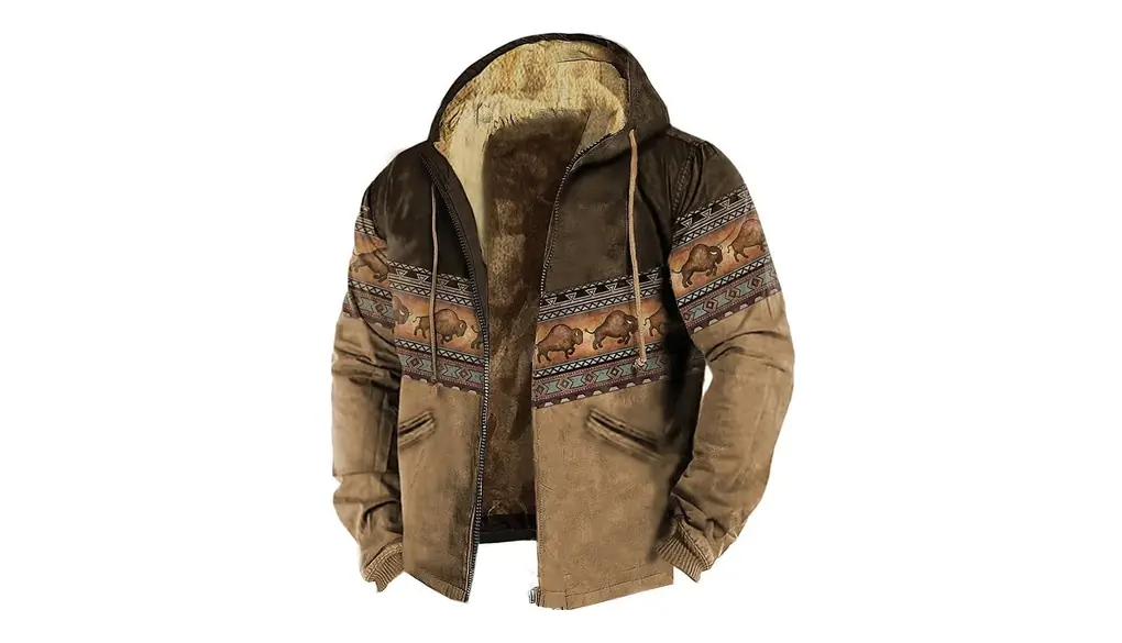 [Arklove] レトロ風メンズ裏起毛 フリースジャケット メンズ秋冬フード付 ヴィンテージプリントの裏ボアジャケットフード付き 男秋冬コートフード暖かい レトロ風メンズ裏起毛 フリースジャケット メンズ 防寒