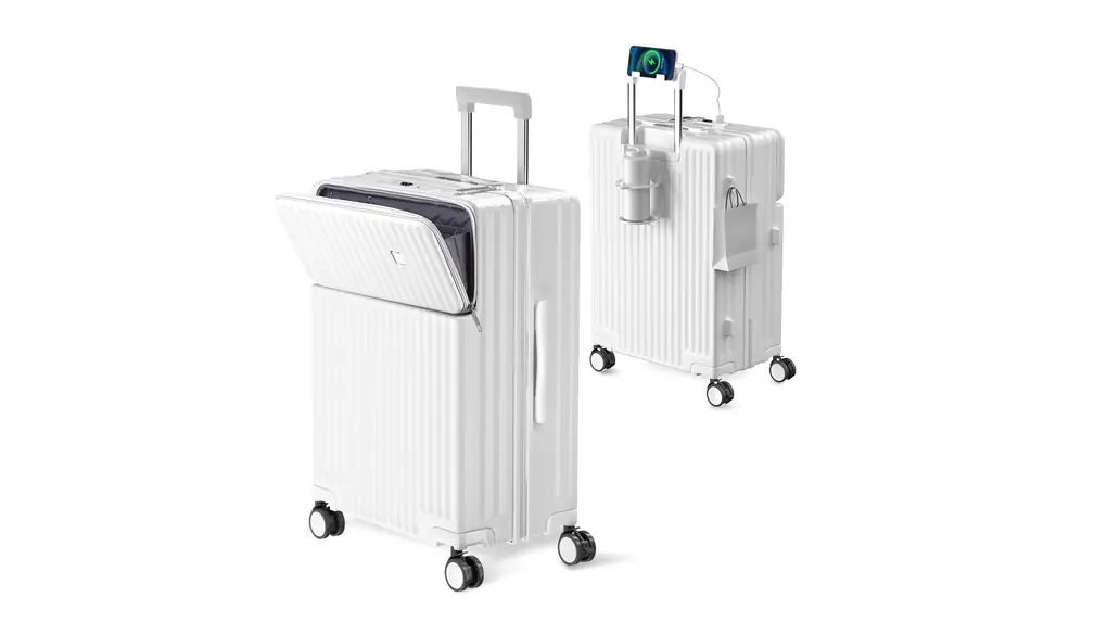 [Ashard] キャリーケース 多機能 スーツケース ストッパー付き Type C と USBポート付き フロントオープン ジッパー キャリーバッグ 携帯スタンド カップホルダー付き 隠しフック機能 超軽量 耐衝撃 静音 360度回転キャスター 100%PC材質 人気 頑丈 可愛い TSAロック搭載 旅行 ビジネス 出張 修学 (Mサイズ/4～7泊/65L/託送必要, ホワイト)