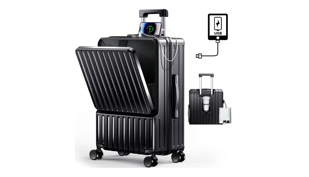 [BARGOHOY] スーツケース フロントオープン 多機能 キャリーケース 軽量 カップホルダー付き 隠しフック機能 キャリーバッグ USBポート付き 耐衝撃 静音 360度回転 TSAローク ファスナータイプ キャリーバッグ 人気 おしゃれ 旅行 ビジネス 出張 修学 泊まる 入院 (ブラック, Sサイズ機内持込OK /42L(1～3泊))