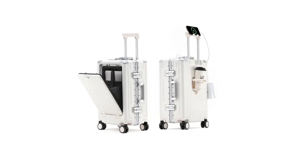 [DIKA] 2024高機能！スーツケース ストッパー付き 機内持ち込み キャリーケース フロントオープン パソコン収納ポケット キャリーバッグ 前開き カップホルダー付き トップオープン トロリースーツケース usbポート付き/充電機能/スマホホルダー付き 耐衝撃 アルミフレームタイプ ハード 静音ダブルキャスター 旅行出張 ビジネス4泊5日 ホワイト Mサイズ 60L, 24 インチ