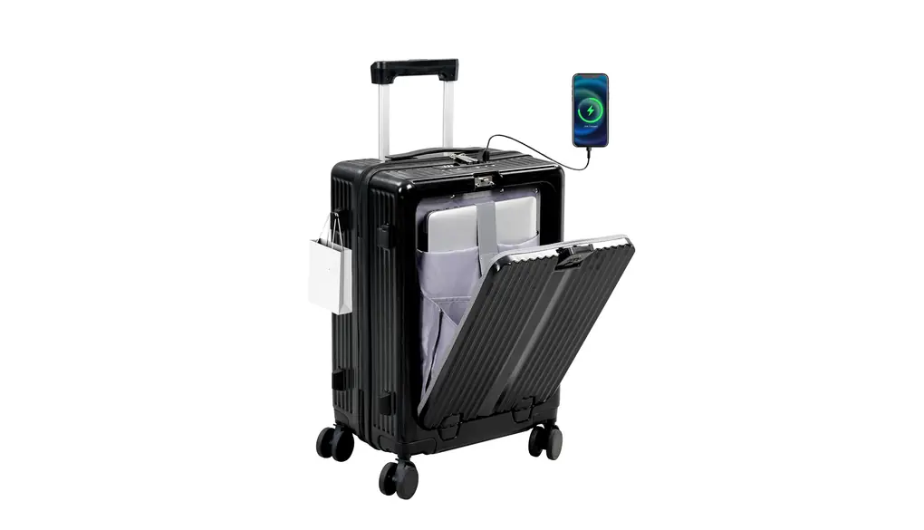 [FLEXISPOT] 前開きキャリーケース スーツケース L1 耐衝撃 超軽量 USBポート付き 充電 Sサイズ 大容量 1-3泊 旅行 ビジネス 出張 静音 ダブルキャスター カップホルダー付き 携帯スタンド 45リットル (ブラック)