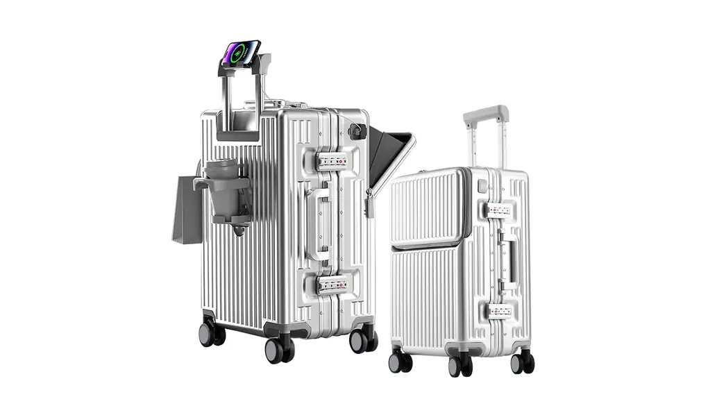 [lanbao] アルミフレームスーツケース 多機能フロントオープン キャリーケース ストッパー付き 機内持ち込み キャリーバッグ 携帯スタンド USBポート付き カップホルダー付き 隠しフック機能 超軽量 耐衝撃 静音 360度回転 ダブルキャスター アルミフレーム ピュアPC材質 大容量 TSAロック搭載 (シルバー, Mサイズ /65L (4～7泊))