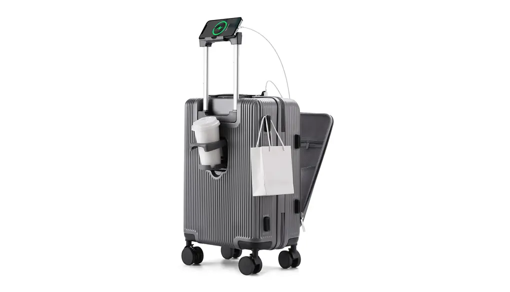 [RIMUKE] 前開き スーツケース 機内持ち込み キャリーケース パソコン収納ポケット USBポート付き カップホルダー付き キャリーケース 超軽量 360度回転 耐衝撃 ック 静音 旅行 ビジネス 出張 1泊2泊3泊 グレー