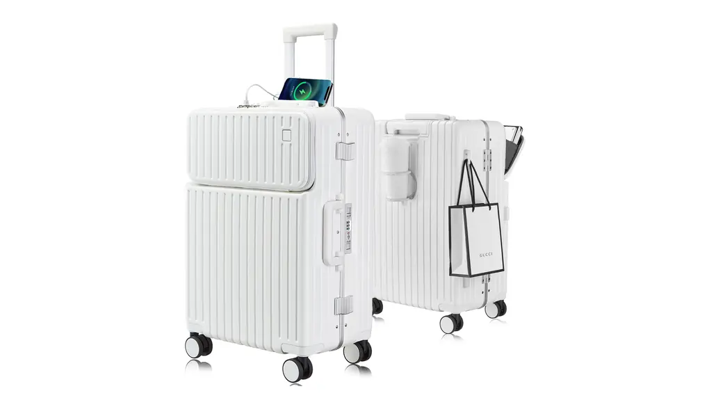 [SnooII] スーツケース キャリーケース 機内持ち込み フロントオープン パソコン収納可能 S M L カップホルダー付き usbポート付き 大型 アルミフレーム TSAロック 荷物フック 軽量 耐衝撃 頑丈 海外旅行出張889(XXL サイズ(95L), ホワイト)