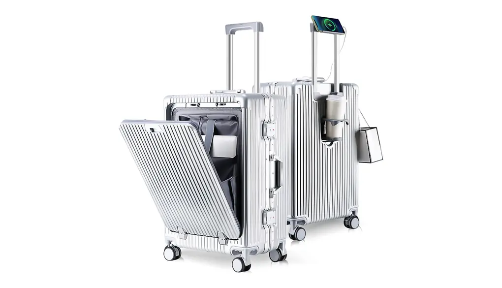 [SnooII] スーツケース 機内持ち込み 多機能フロントオープン キャリーケース ストッパー付き 携帯スタンド USBポート付き カップホルダー付き 隠しフック機能 超軽量 耐衝撃 静音 360度回転 ダブルキャスター アルミフレーム ピュアPC材質 大容量 TSAロック搭載 旅行 ビジネス 出張 (シルバー, Sサイズ /42L /機内持込 （1-3泊）)