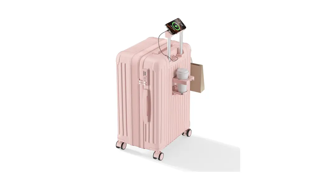 [SupTrip] スーツケース 機内持ち込み キャリーケース 拡張機能付き キャリーバッグ ストッパー付き カップホルダー付き USBポート付き 携帯スタンド TSAロック搭載 物掛けフック 大容量 超軽量 静音 ダブルキャスター おしゃれ 旅行 ビジネス 出張 修学 泊まる 入院 (ピンク, M (4~7泊/65L))