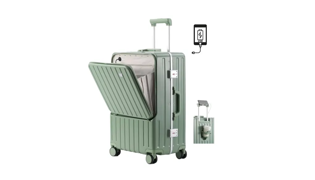 [Yuweijie] スーツケース フロントオープン 機内持ち込み usbポート付き キャリーケース かわいいキャリーバッグ カップホルダー付き アルミフレームタイプ ハード 前開き 荷物フック 携帯電話ホルダー付き トップオープン機能 tsaロック 海外旅行出張 修学 1泊2泊3泊 sサイズ 40リットル，Green