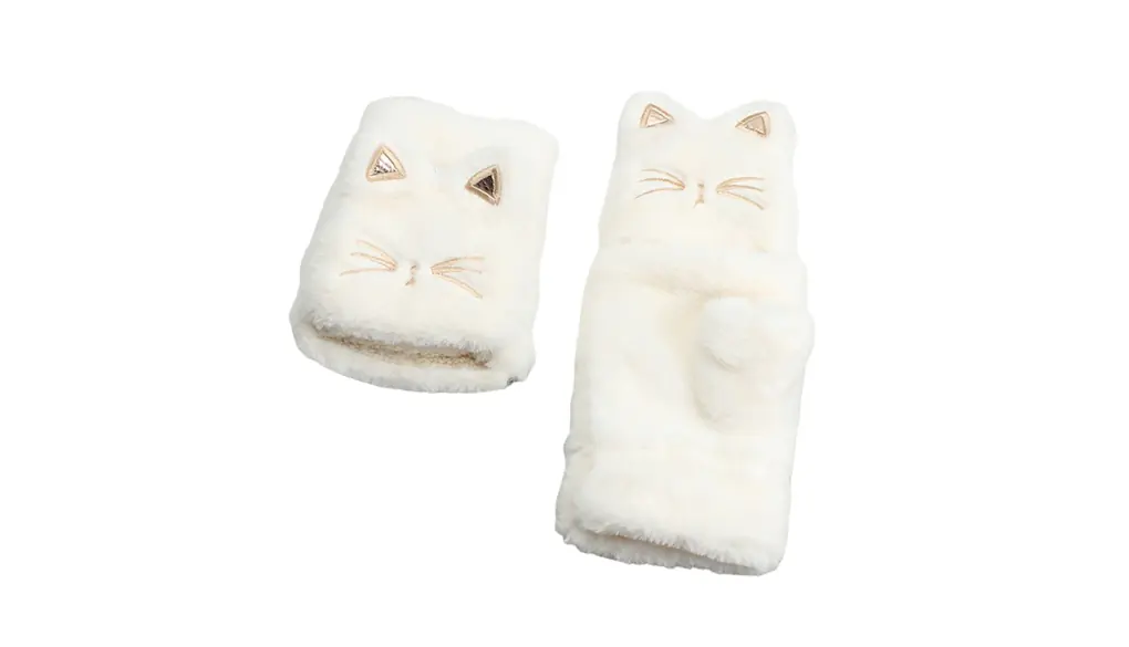 [Lakeruta] 手袋 ネコ 猫顔 レディース ミトン 付け外し 指 出せる 4色 スマホ操作 防寒 裏起毛 ふわふわ モコモコ ニット ぬいぐるみ